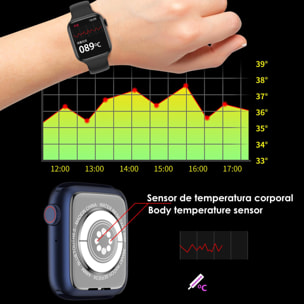 Smartwatch AW9 con corona multifunción. Termómetro, monitor cardiaco, oxígeno en sangre, llamadas bluetooth.