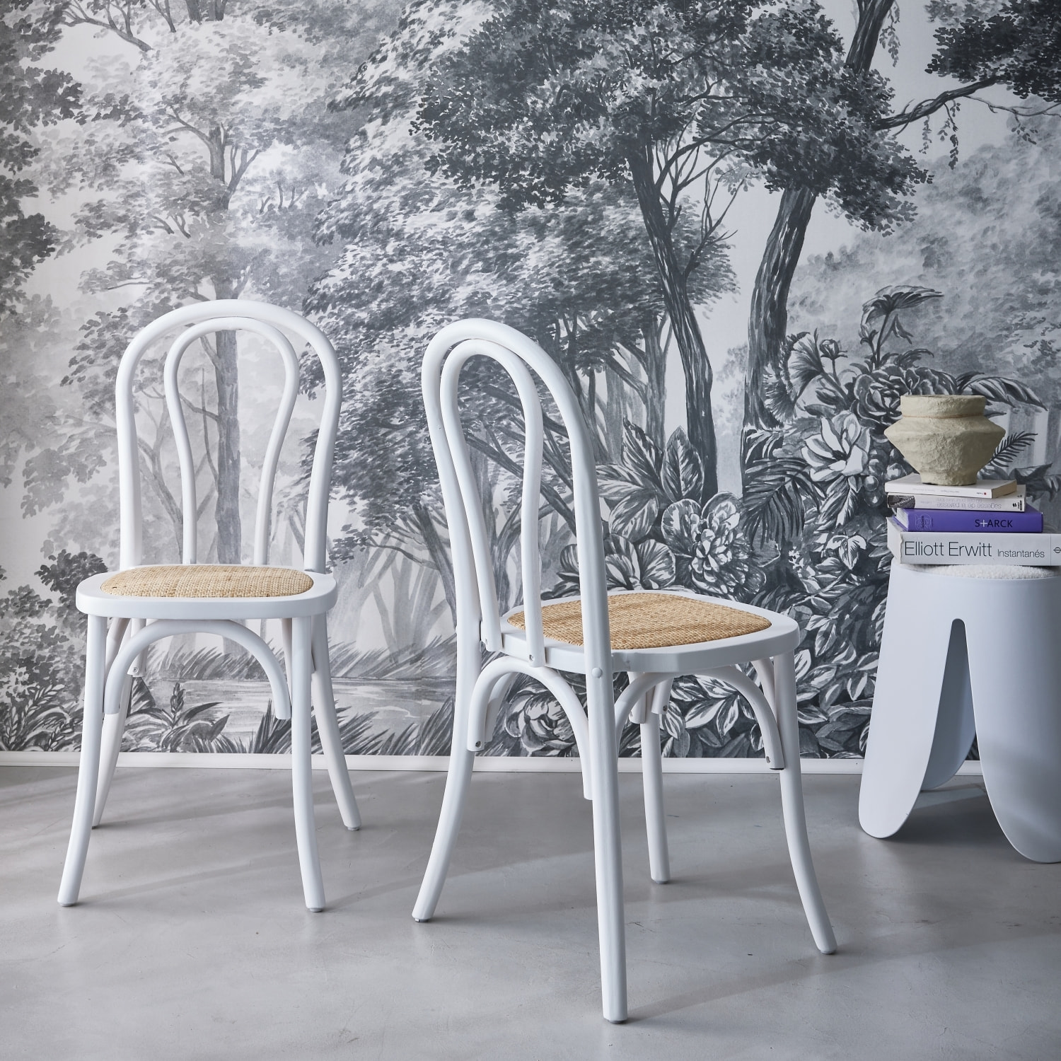 Lot de deux chaises vintage en bois avec assise en rotin et dossier arrondi coloris blanc