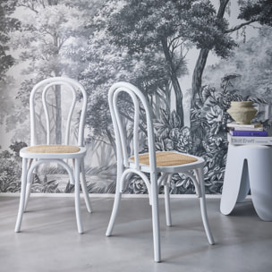 Lot de deux chaises vintage en bois avec assise en rotin et dossier arrondi coloris blanc