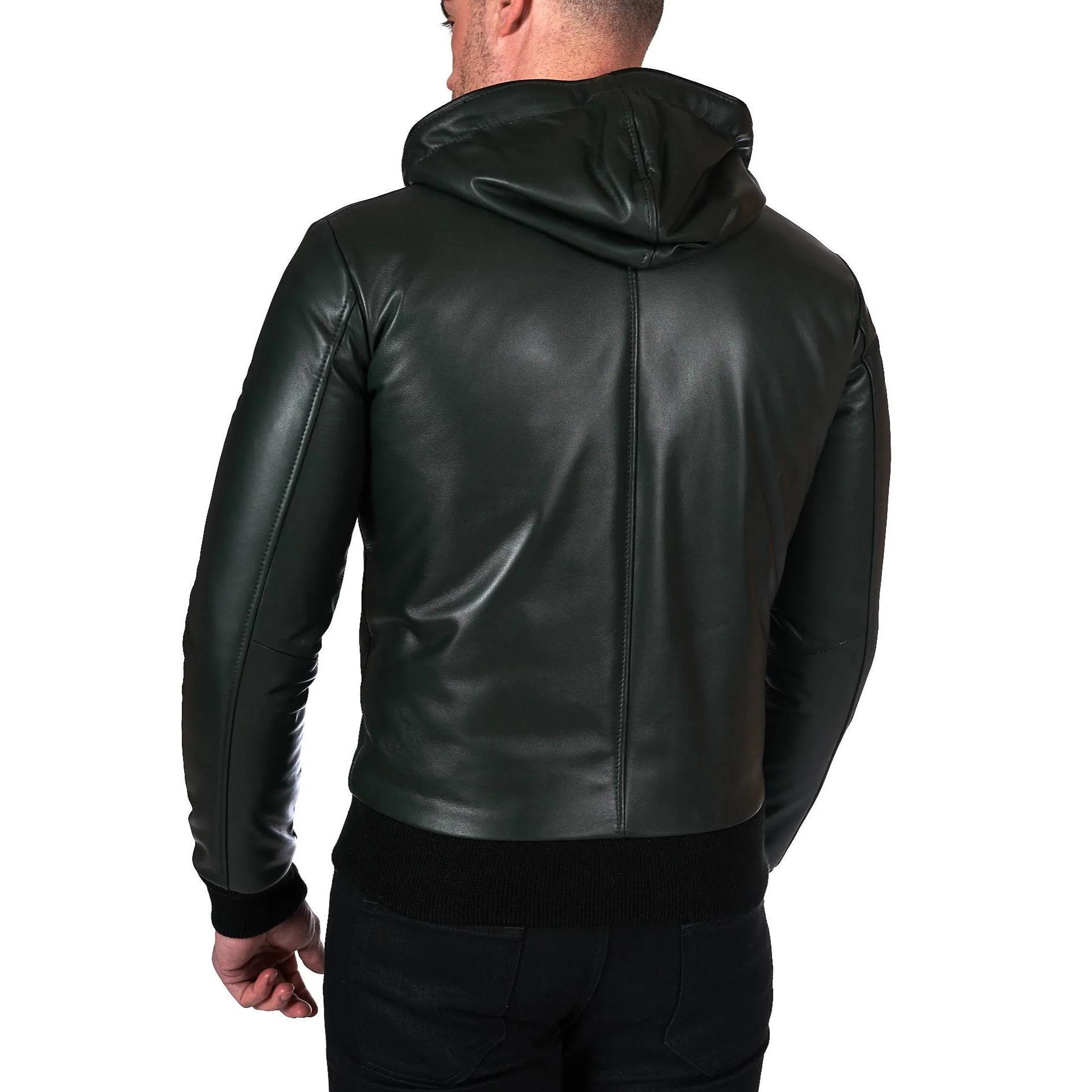 Giubbotto Bomber in pelle naturale verde con cappuccio