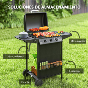 Barbacoa de Gas BBQ Gas con 3+1 Quemadores 9,5 kW Barbacoa Portátil con Termómetro Mesa Lateral Estante Especiero Parrilla Recogedor de Grasa 2 Ruedas para Jardín Exterior Camping Negro