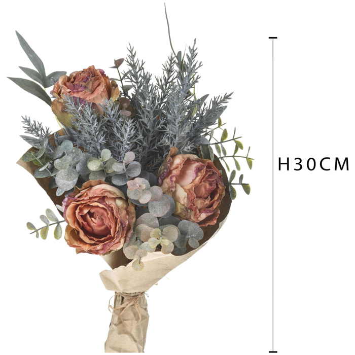 Bouquet Romantico Con Rose. Altezza 30 Cm - Pezzi 2 - 20X30X20cm - Colore: Arancio - Bianchi Dino - Fiori Artificiali