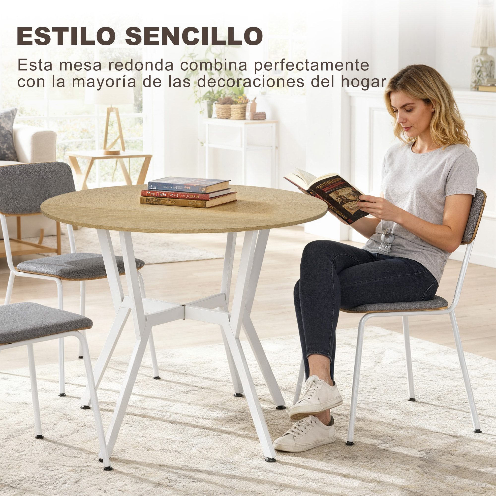 Mesa de Comedor Redonda para 2 Personas, Mesa de Cocina Industrial, Patas Curvadas de Acero, para Salón, 90x90x76 cm, Natural y Blanco