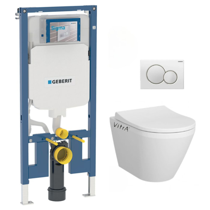 Pack WC Bati-support Geberit UP720 extra-plat + WC sans bride Vitra Integra avec fixations invisibles + Abattant softclose + Pla