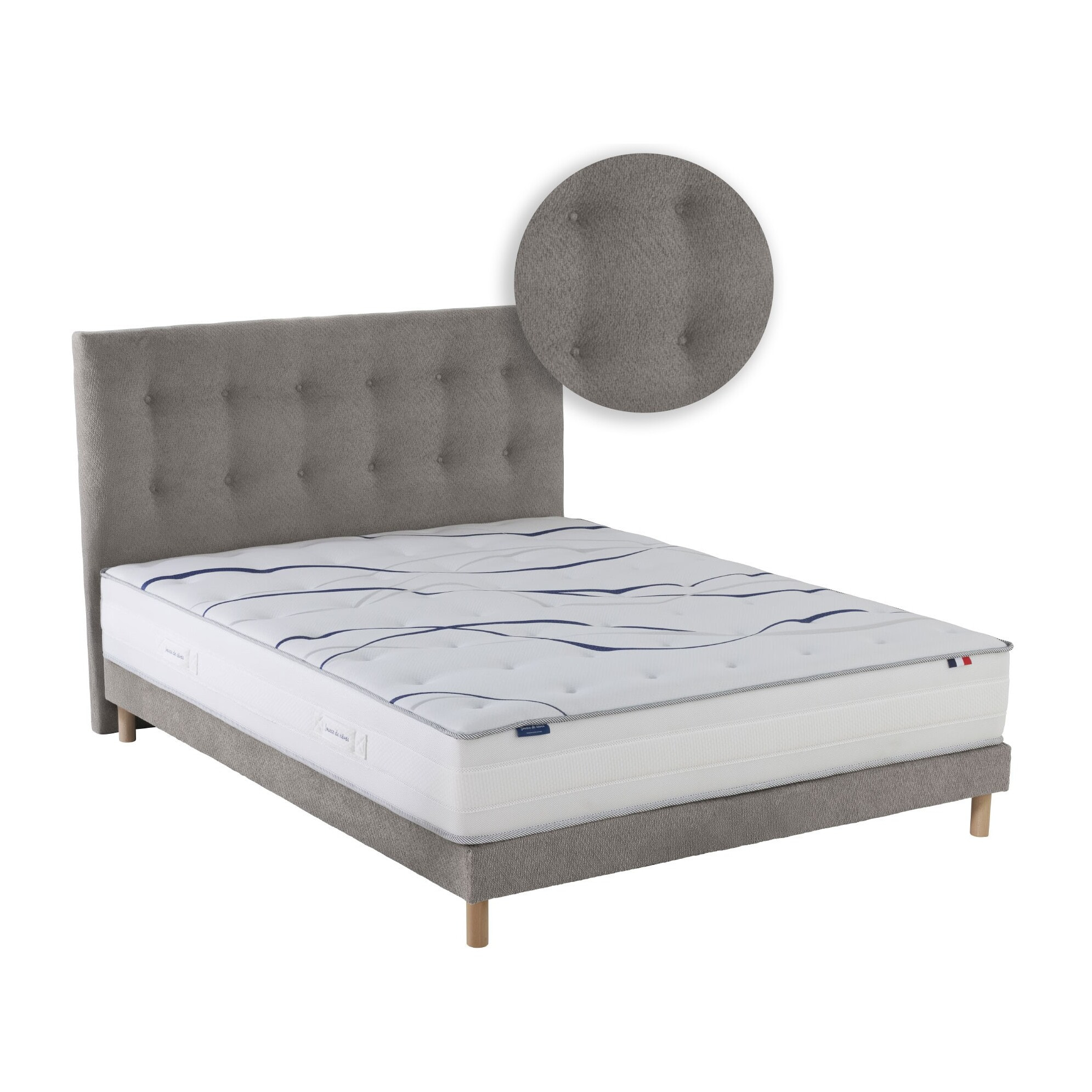 Ensemble matelas mousse ELYSIA avec sommier et tête de lit, chenille bouclettes gris clair