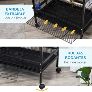 Jaula para Pájaros con 4 Ruedas y Comederos Bandeja Extraíble 79x52x137 cm Negro