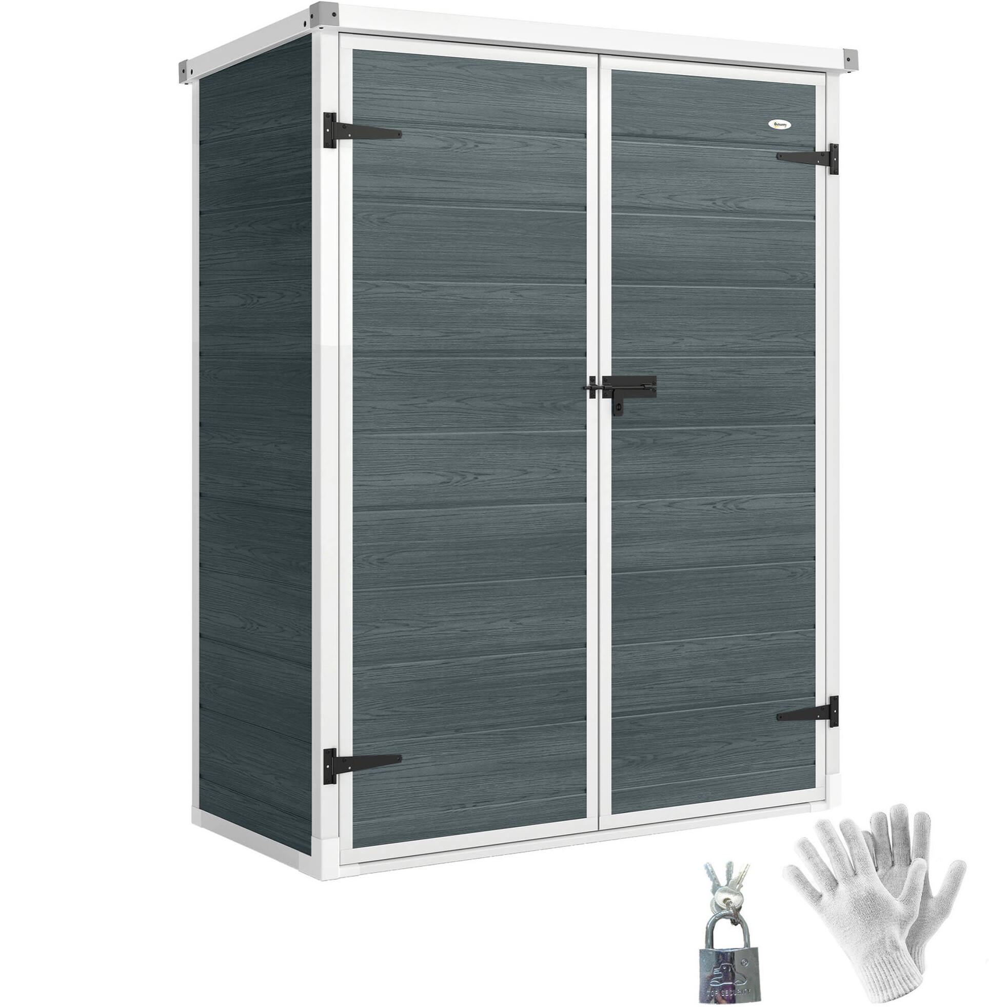 Caseta de Jardín Exterior, 0,81 m², 134x68,5x170 cm, Cobertizo de Jardín Exterior de Plástico con Suelo, 2 Estantes Plegables, Puertas Dobles con Pestillo para Almacenaje Herramientas, Gris
