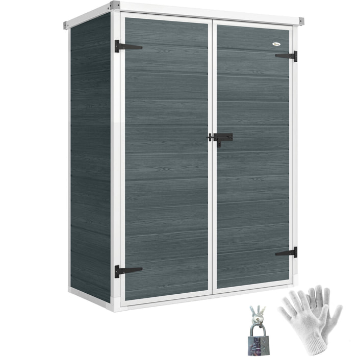 Caseta de Jardín Exterior, 0,81 m², 134x68,5x170 cm, Cobertizo de Jardín Exterior de Plástico con Suelo, 2 Estantes Plegables, Puertas Dobles con Pestillo para Almacenaje Herramientas, Gris