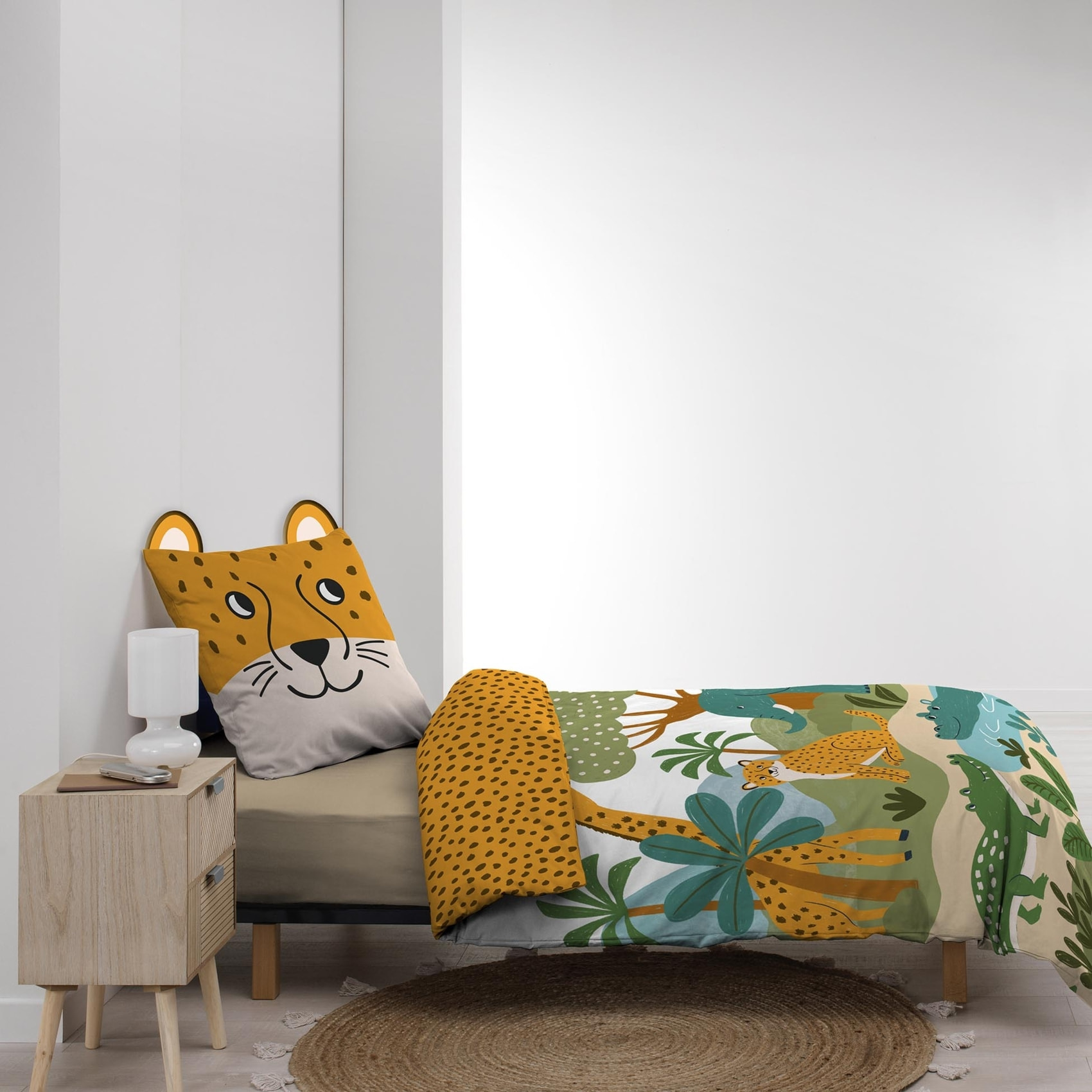 Parure de lit enfant 2 pièces 100 % coton imprimé animaux de la jungle housse + taie - Jaune