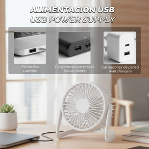 Home Ventilador de mesa USB Ø14,5x11,5cm en color blanco mate