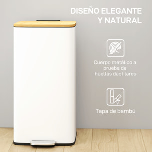 Cubo de Basura Cocina con Pedal, 20L, Tapa de Bambú de Cierre Suave, Papelera de Cocina con Cubo Interior Extraíble, Anti-Huellas, para Dormitorio, Salón, 29,5x29,5x56,8 cm, Blanco y Natural