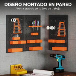 Organizador de Herramientas de Pared de 33 Piezas 120x60 cm, Paneles de Herramientas de Pared con Ganchos, Contenedores y Estantes, para Garajes, Negro y Naranja
