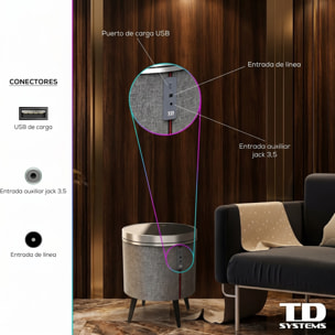 Mesa auxiliar altavoz con sonido de 65W y subwoofer, Bluetooth, base de carga inalámbrica. Mesilla o mesita para dormitorio o sala de estar - TD Systems SM65B11GN [Cristal negro]