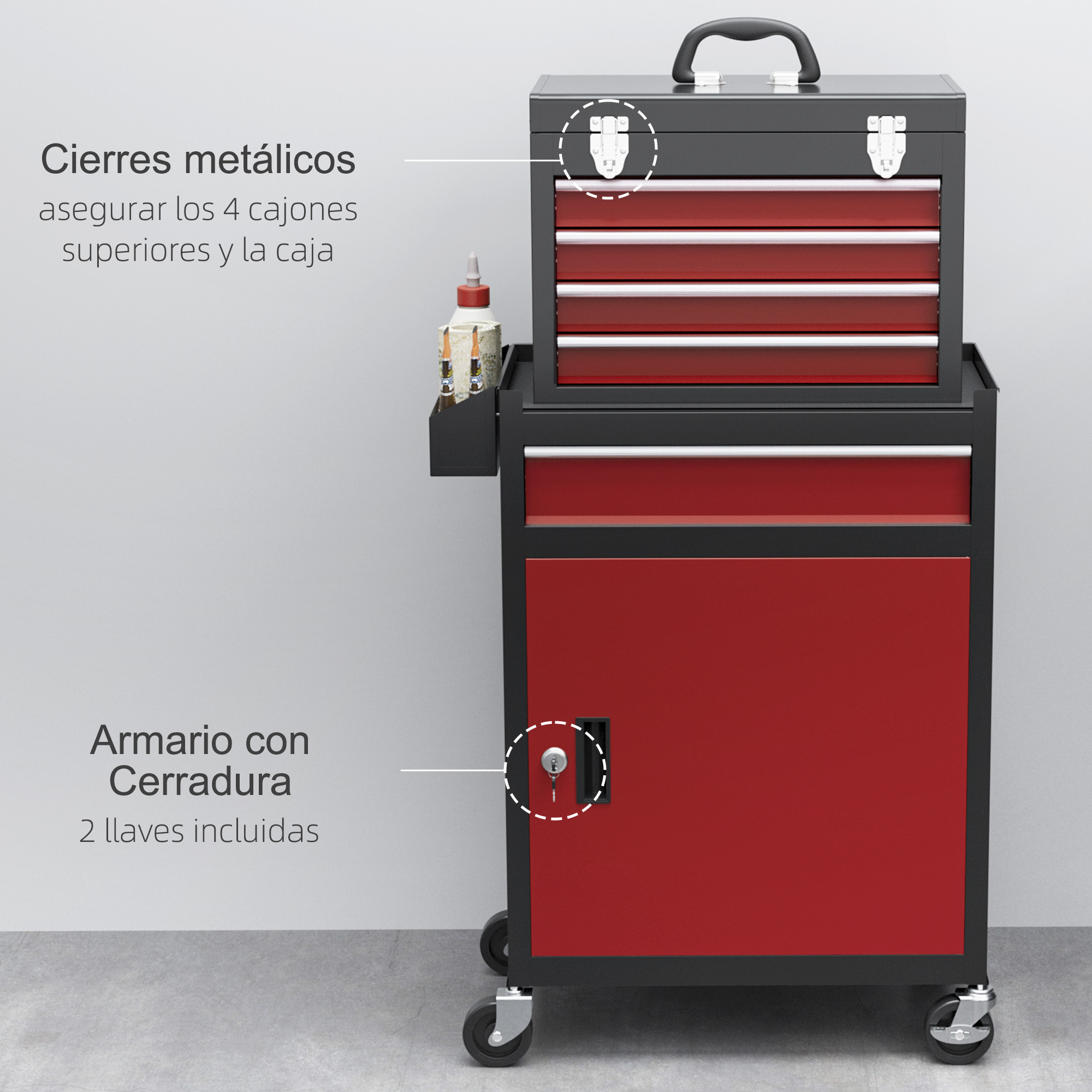 Carro de Herramientas Caja de Herramientas de Acero Carro de Taller con Ruedas Puerta Extraíble 5 Cajones y Cerraduras de Acero Macizos para Taller Garaje Negro y Rojo