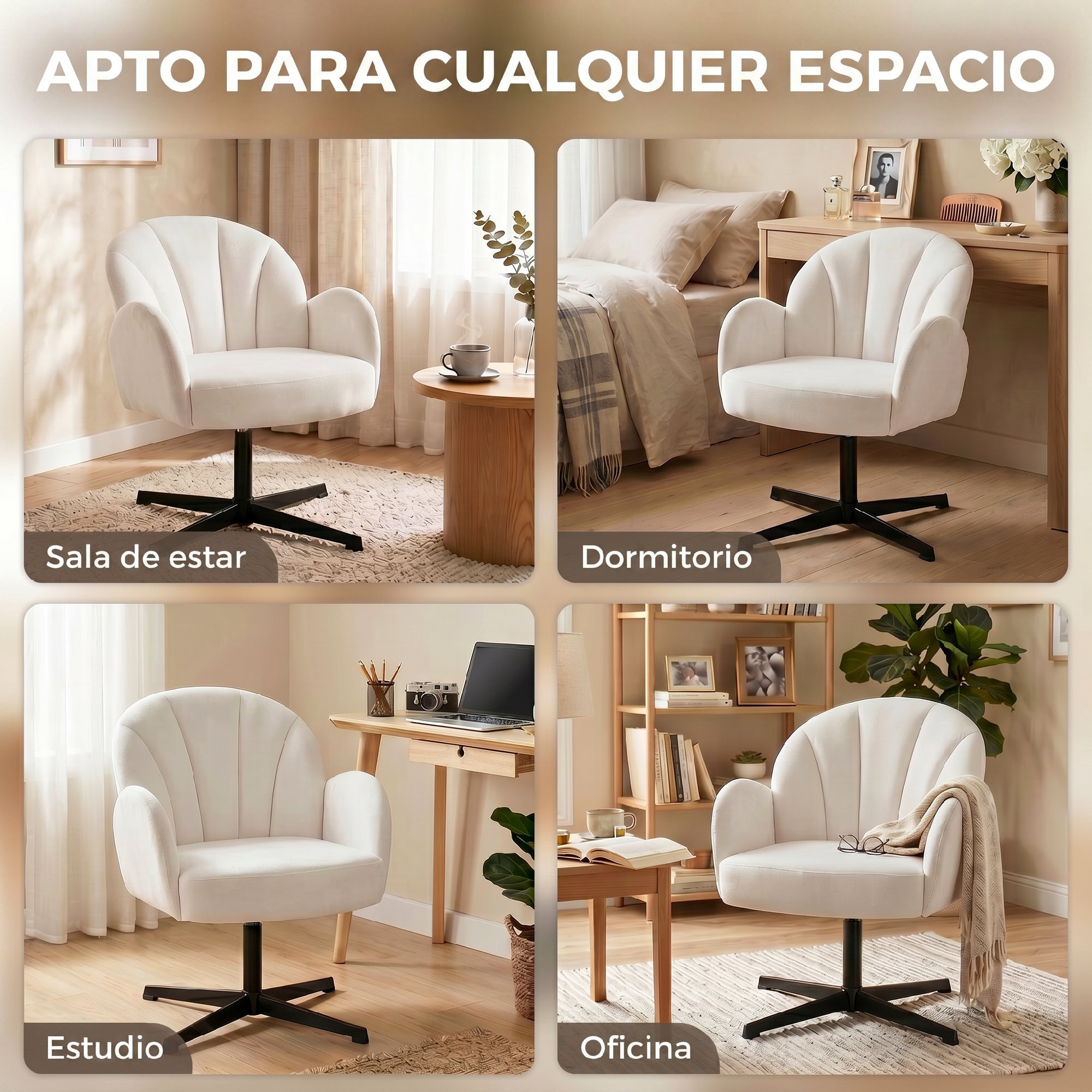 Sillón de Salón Giratorio, Butaca de Salón Tapizada en Terciopelo con Respaldo en Forma de Concha, Cojín con Resortes, Base Cruzada, Sillón de Relax para Dormitorio, Oficina, Estudio, Crema