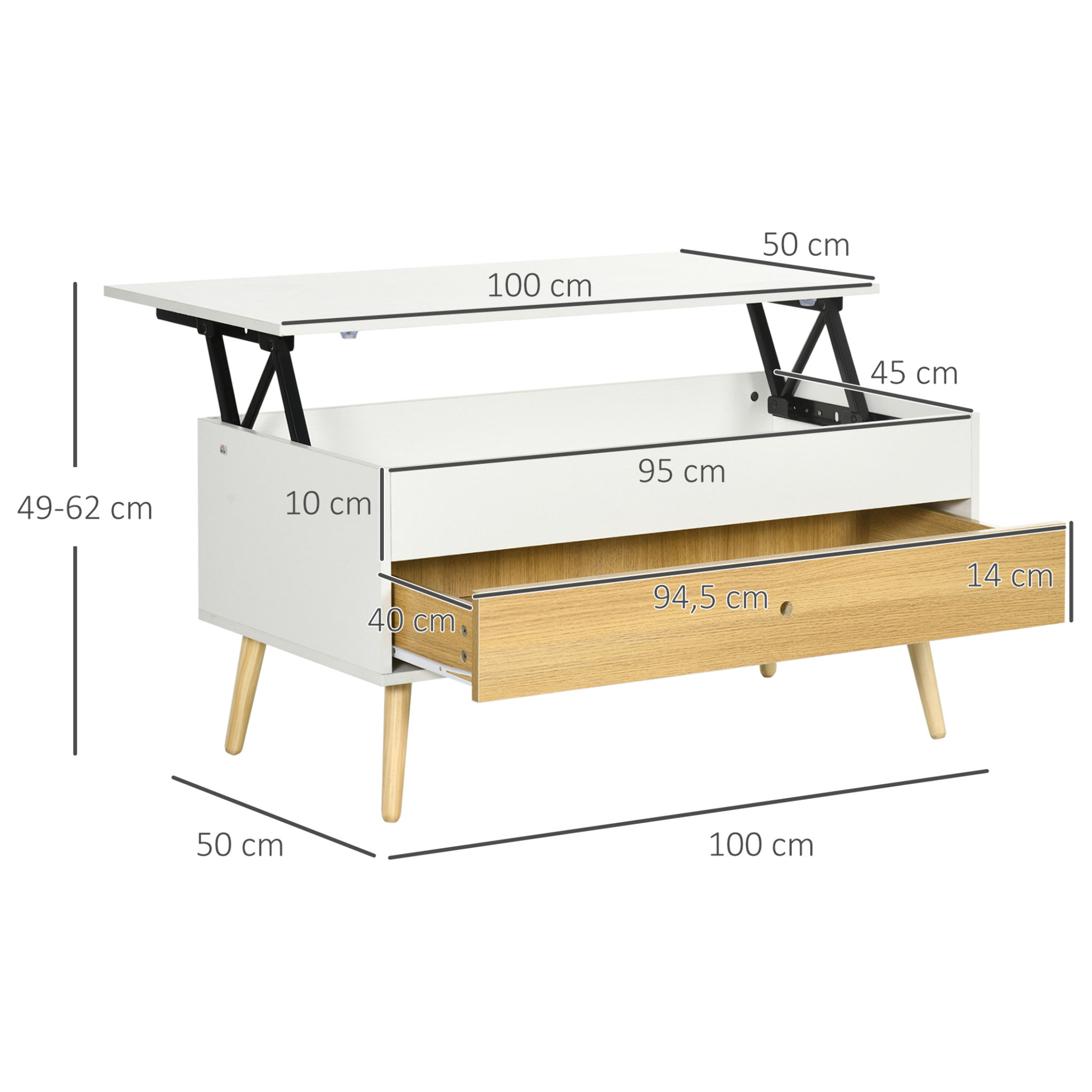 Table basse relevable - tiroir, coffre de rangement - dim. 100L x 50l x 49H cm - blanc aspect bois clair