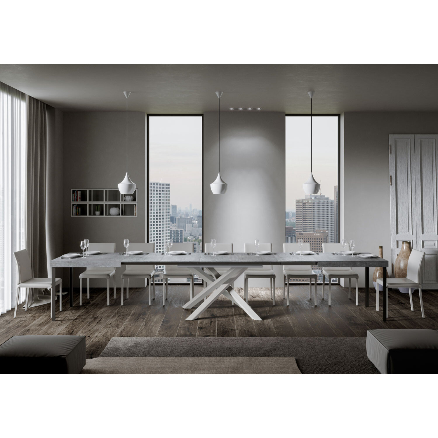 Mesa extensible 90x160/420 cm Volantis Cemento estructura blanco