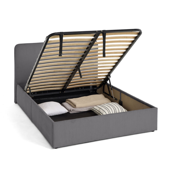 Goyave - lit coffre - 160x200 - en velours côtelé - sommier inclus - Gris Anthracite
