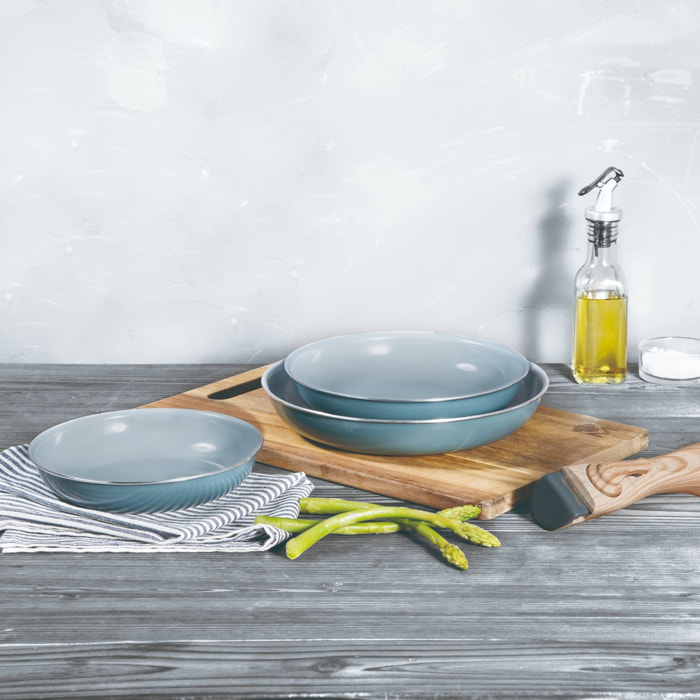 juego de 3 sartenes ø18ø20ø24cm aluminio prensado reciclado verde + mango extraíble