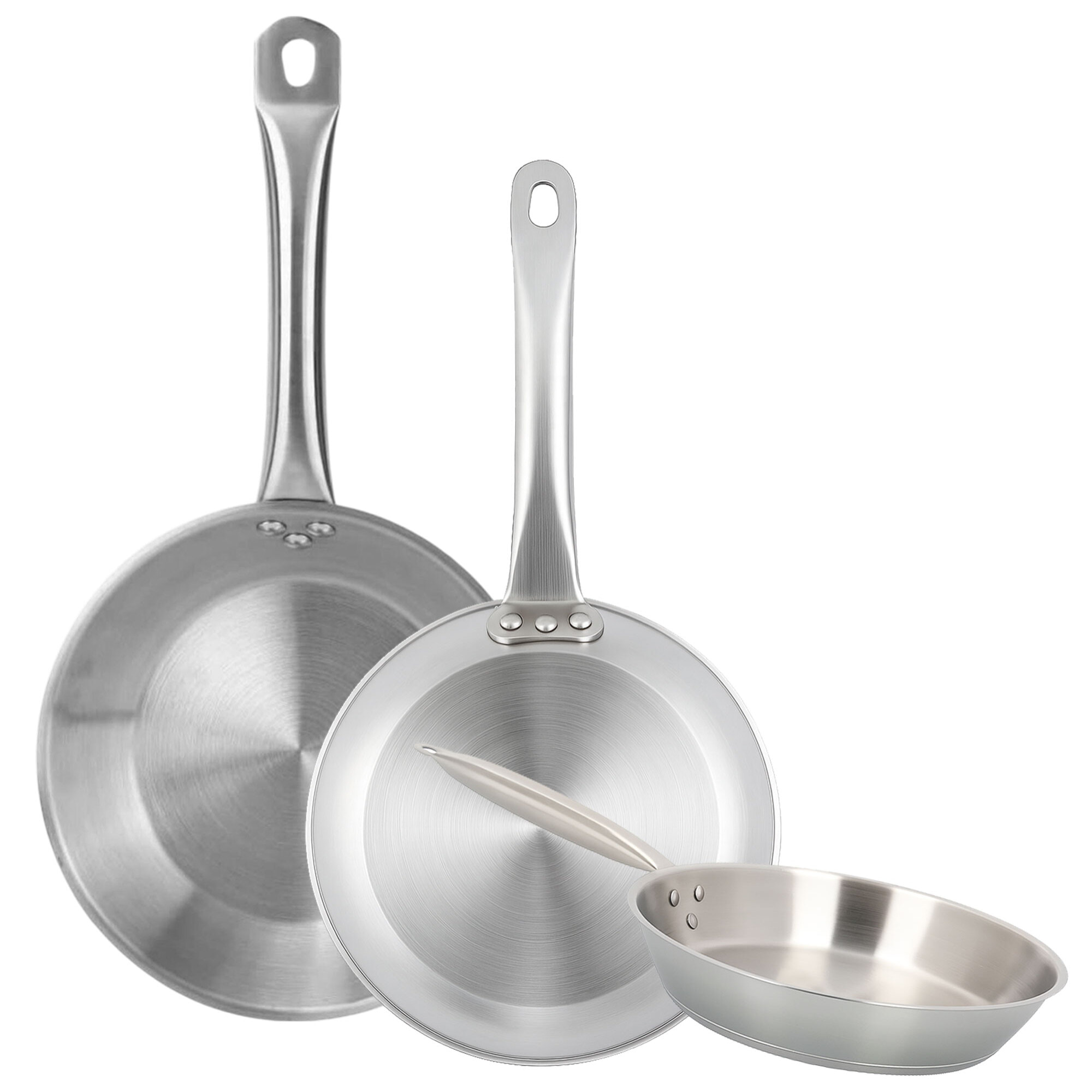 set de 3 sartenes en acero inoxidable, aptas para inducción y sin antiadherente