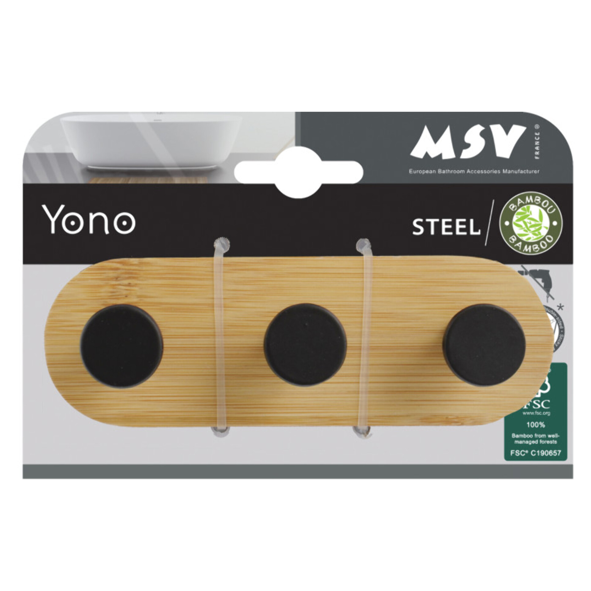 Porte manteaux, patères 3 crochets sans perçage YONO Noir & Bambou MSV
