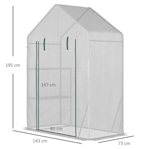 Invernadero Jardín 143x73x195 cm Acero con 2 Estantes y Puerta Enrollable Blanco