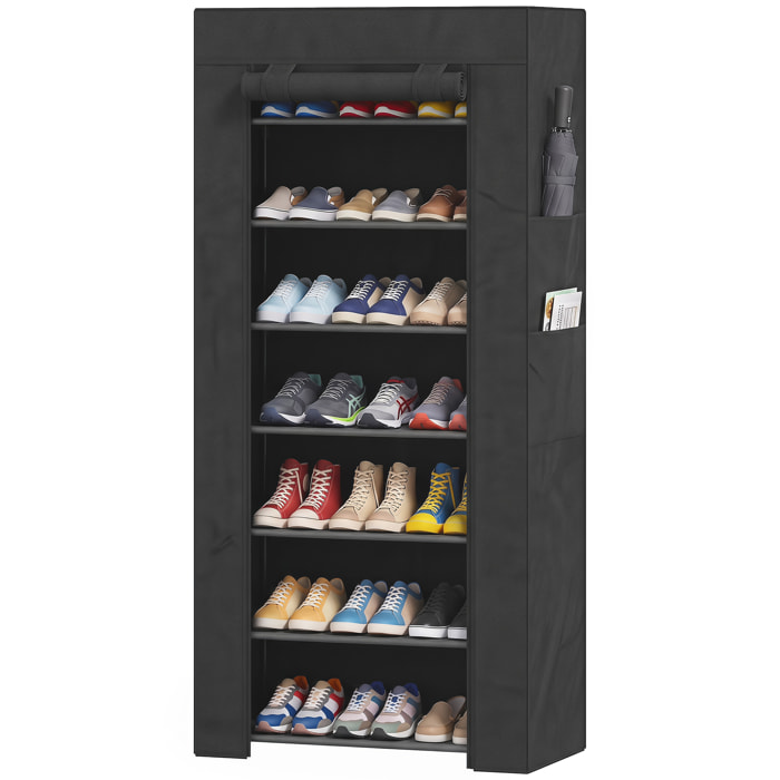 HOMCOM Zapatero de 7 Niveles, Zapatero Estrecho de Acero con Funda de Tela no Tejida, 2 Bolsillos Laterales, Estantería para 14-21 Pares de Zapatos, para Recibidor, Entrada, Pasillo, Negro