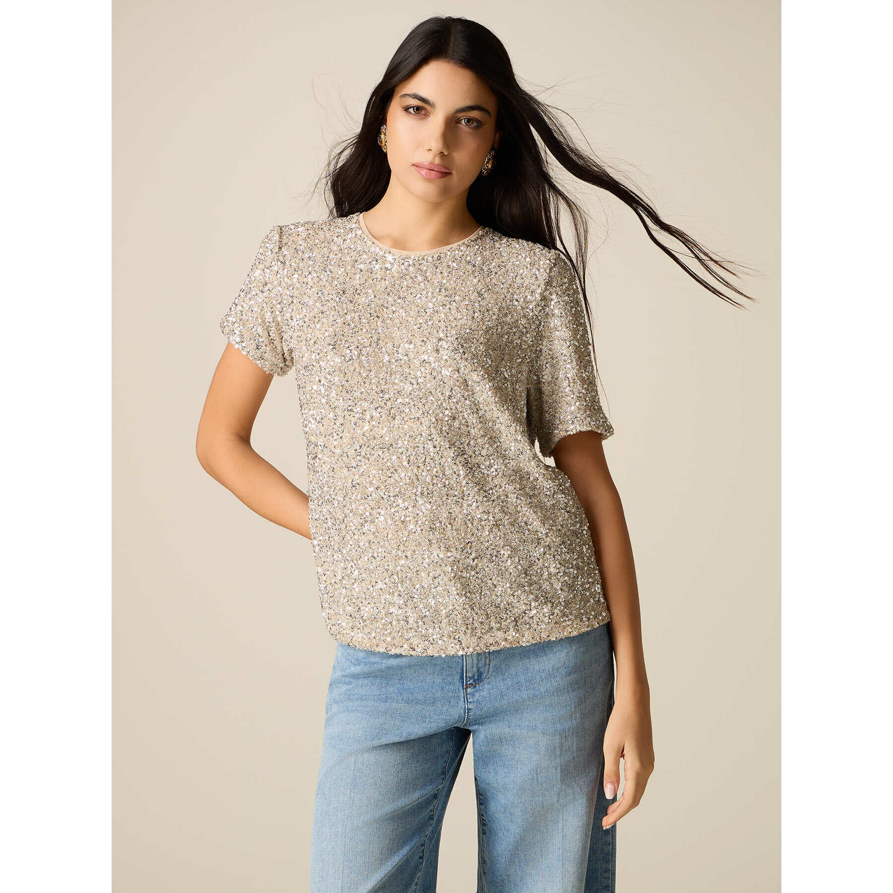 Oltre - T-shirt in tulle con paillettes - Oro