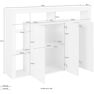 Credenza Ddacunh, Buffet da soggiorno a 3 ante, Madia da salotto, Credenza moderna, 100% Made in Italy, 150x40h100 cm, Bianco lucido