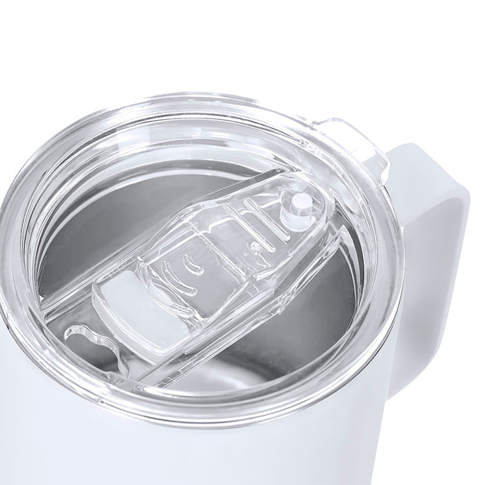 Taza térmica en acero inox de doble pared y 400 ml de capacidad. Incluye tapa de cierre a presión, con dosificador de fácil apertura, libre de BPA.