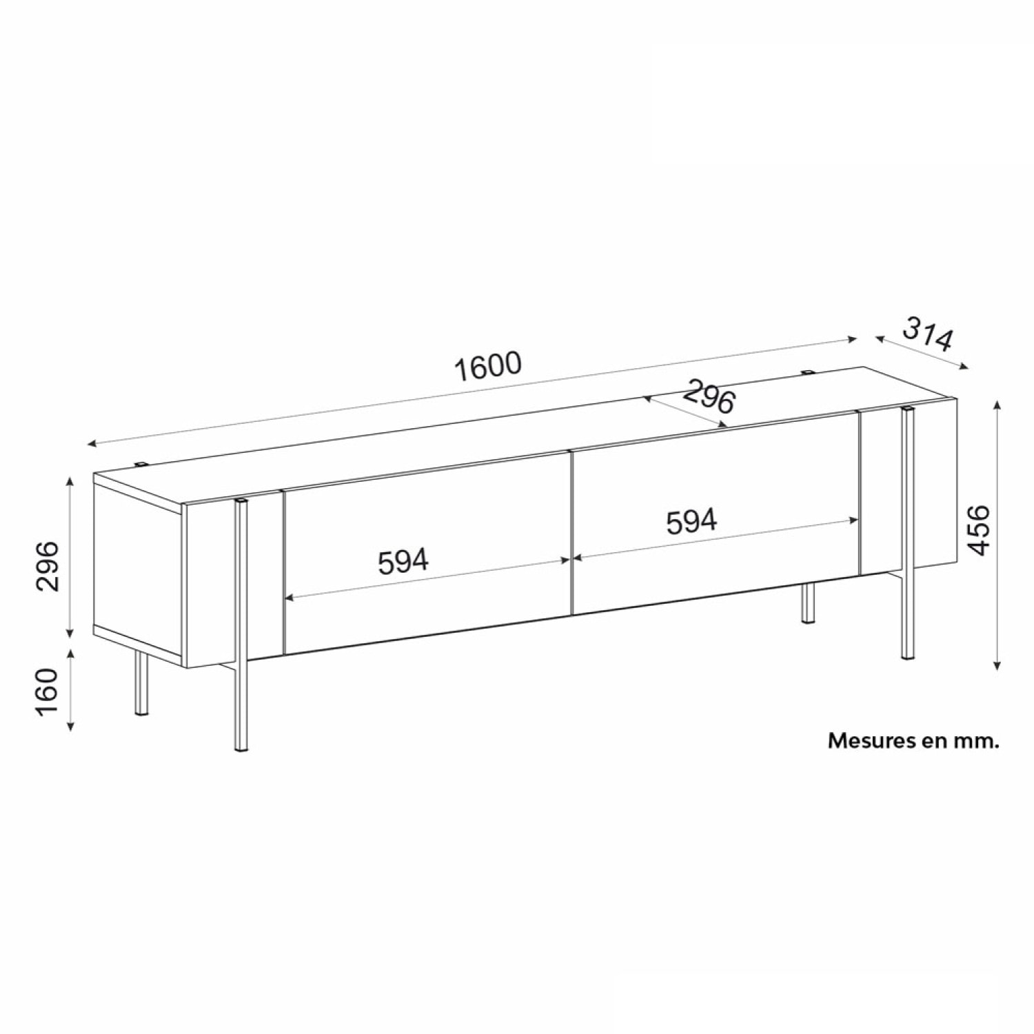 STAUTON Meuble TV avec placards bois et détails noirs 160cm