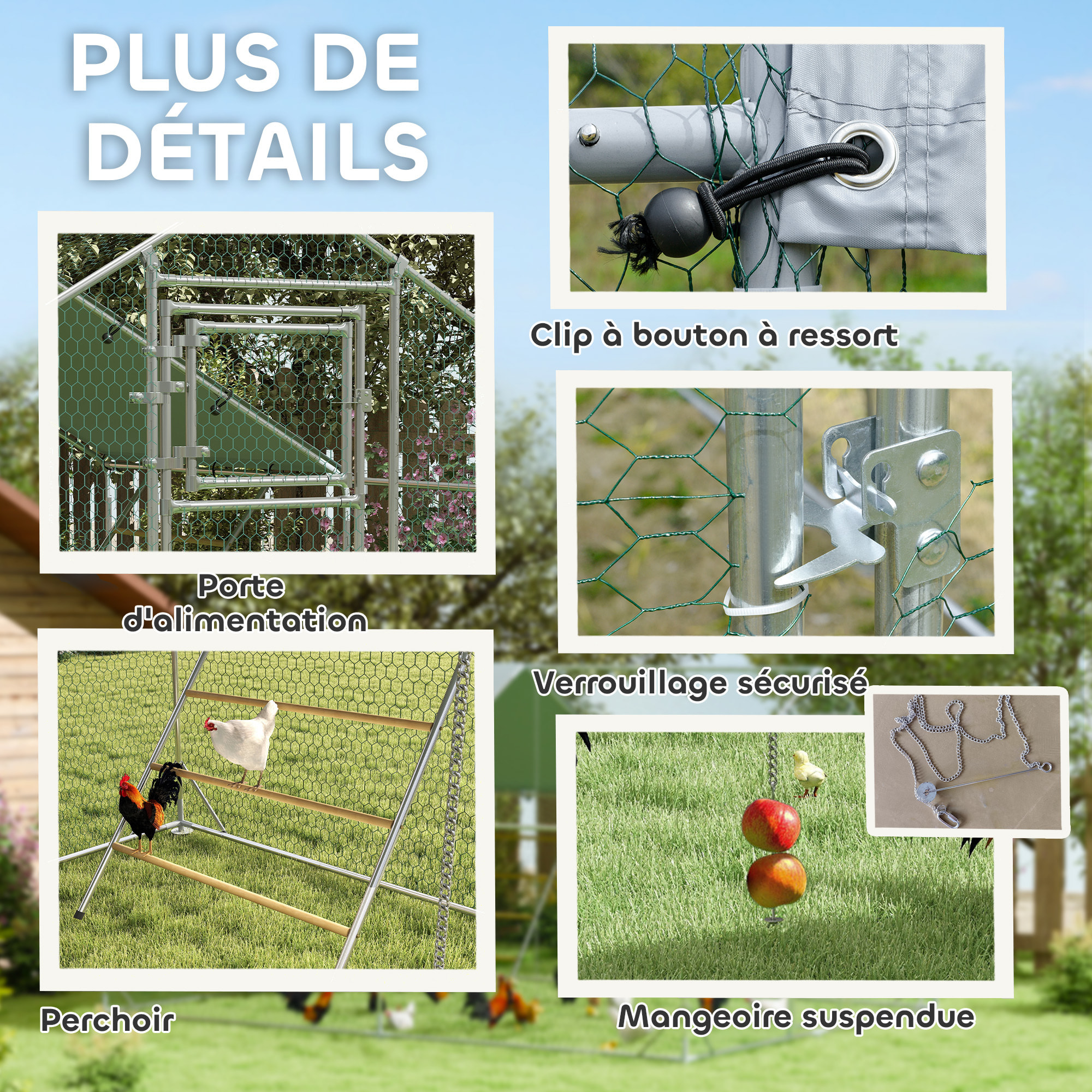 Enclos poulailler 12 m² espace couvert - perchoir, mangeoire à suspendre, porte, bâche - 4 x 3 x 1,95 m - acier gris