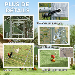 Enclos poulailler 12 m² espace couvert - perchoir, mangeoire à suspendre, porte, bâche - 4 x 3 x 1,95 m - acier gris
