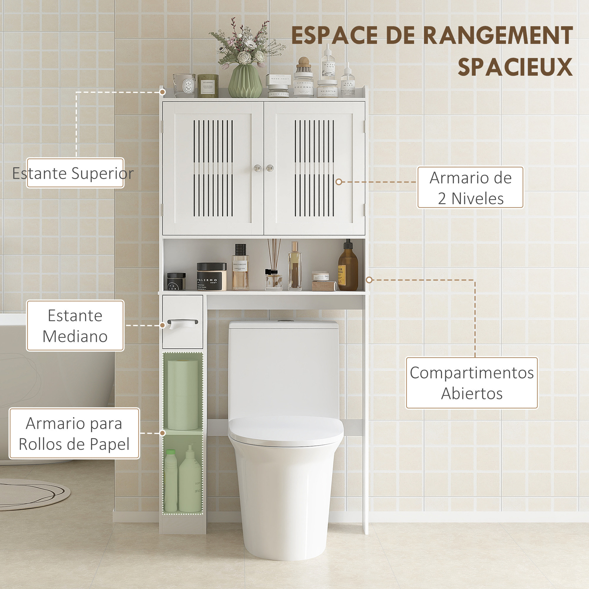 Estantería sobre Inodoro Mueble sobre Inodoro con Estante Ajustable 2 Puertas Soporte para Papel Higiénico y Estantes Abiertos Ahorra Espacio Armario para lavadora para Baño Blanco