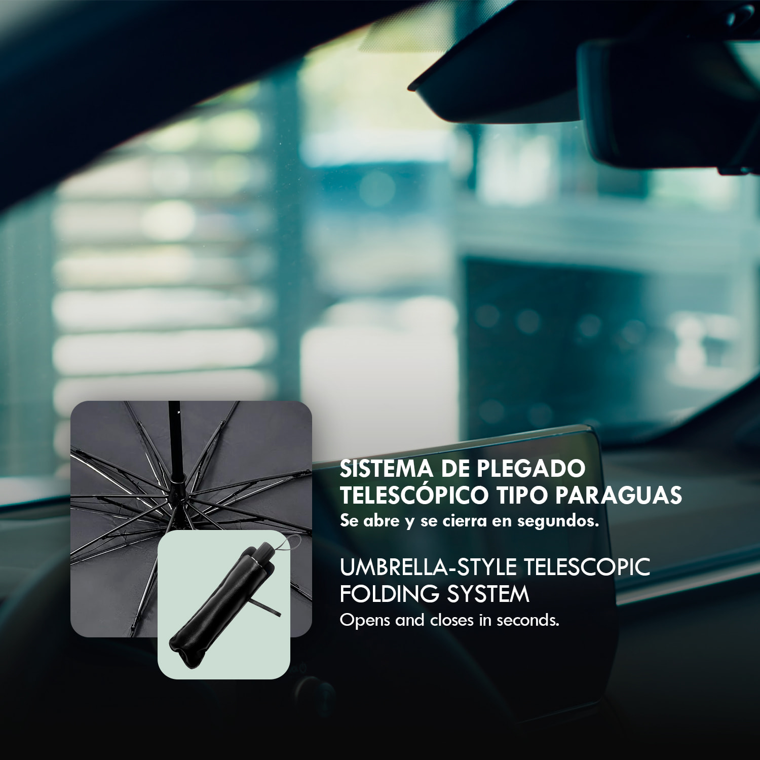 Parasol plegable para coche con diseño tipo paraguas que bloquea el calor y la luz solar. Incluye funda.