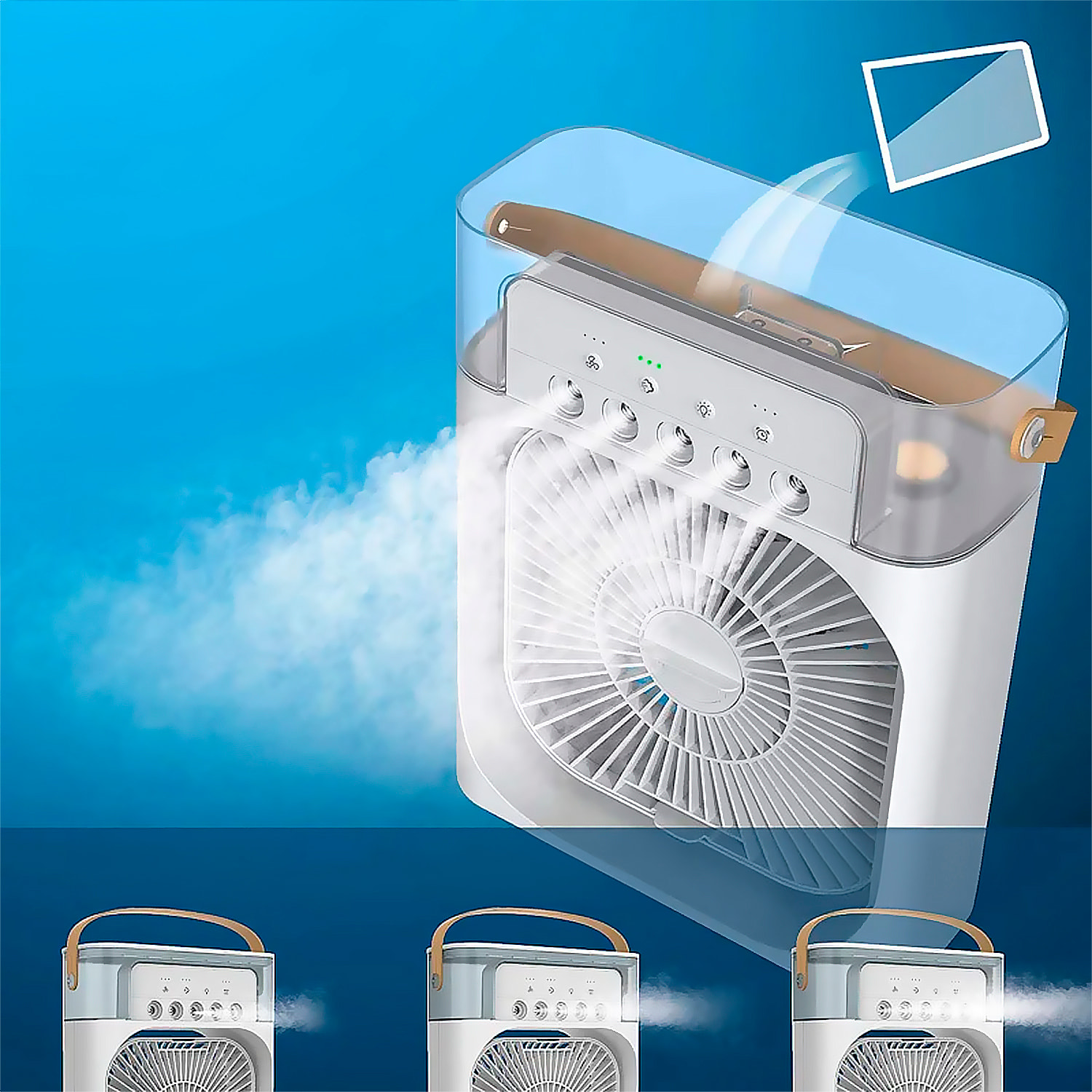Ventilador de aire frío con 3 intensidades y luz RGB ajustable.