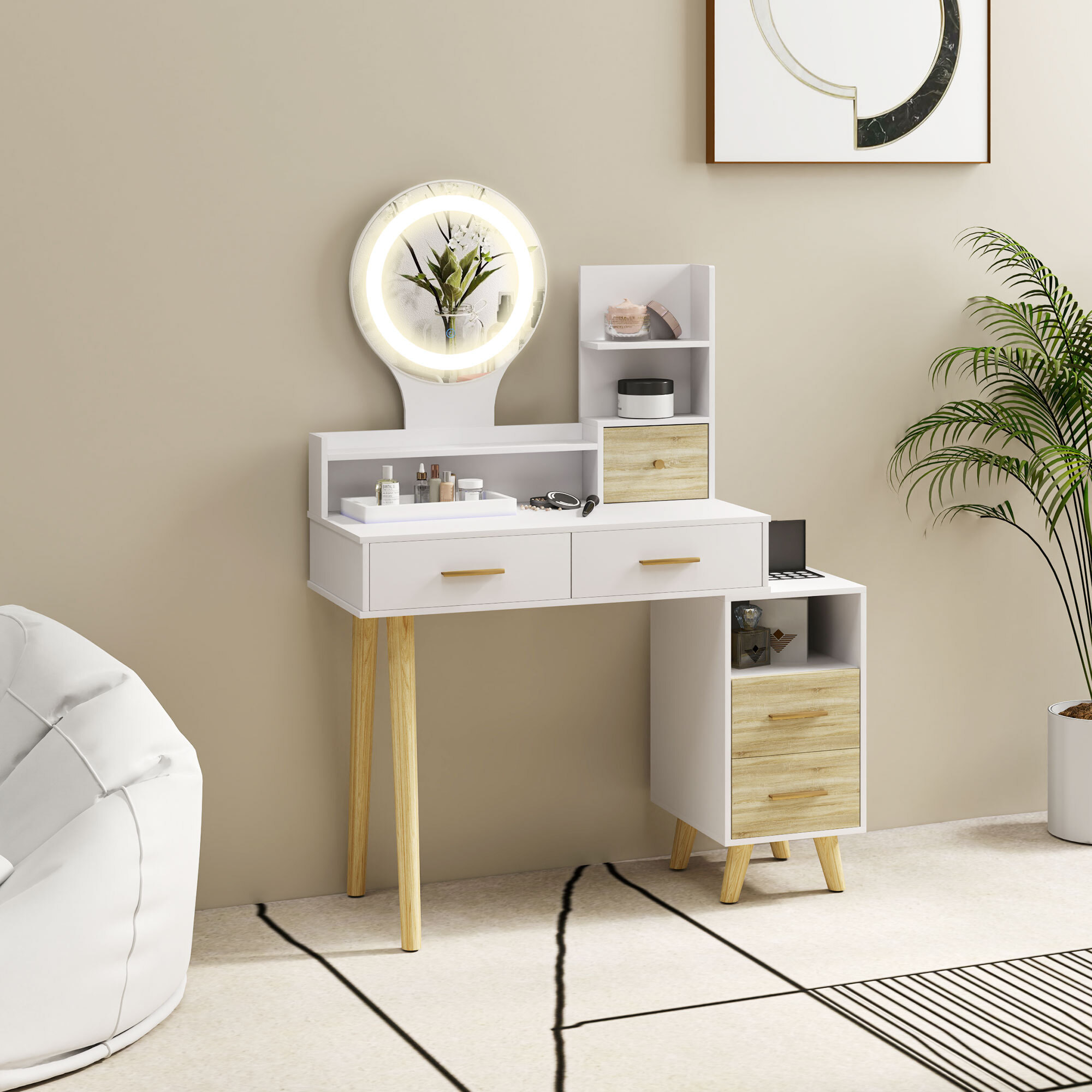 Tocador de Maquillaje con Espejo y Luces LED Mesa de Maquillaje con Iluminación Ajustable 5 Cajones y 4 Compartimentos Tocador para Dormitorio Salón Blanco
