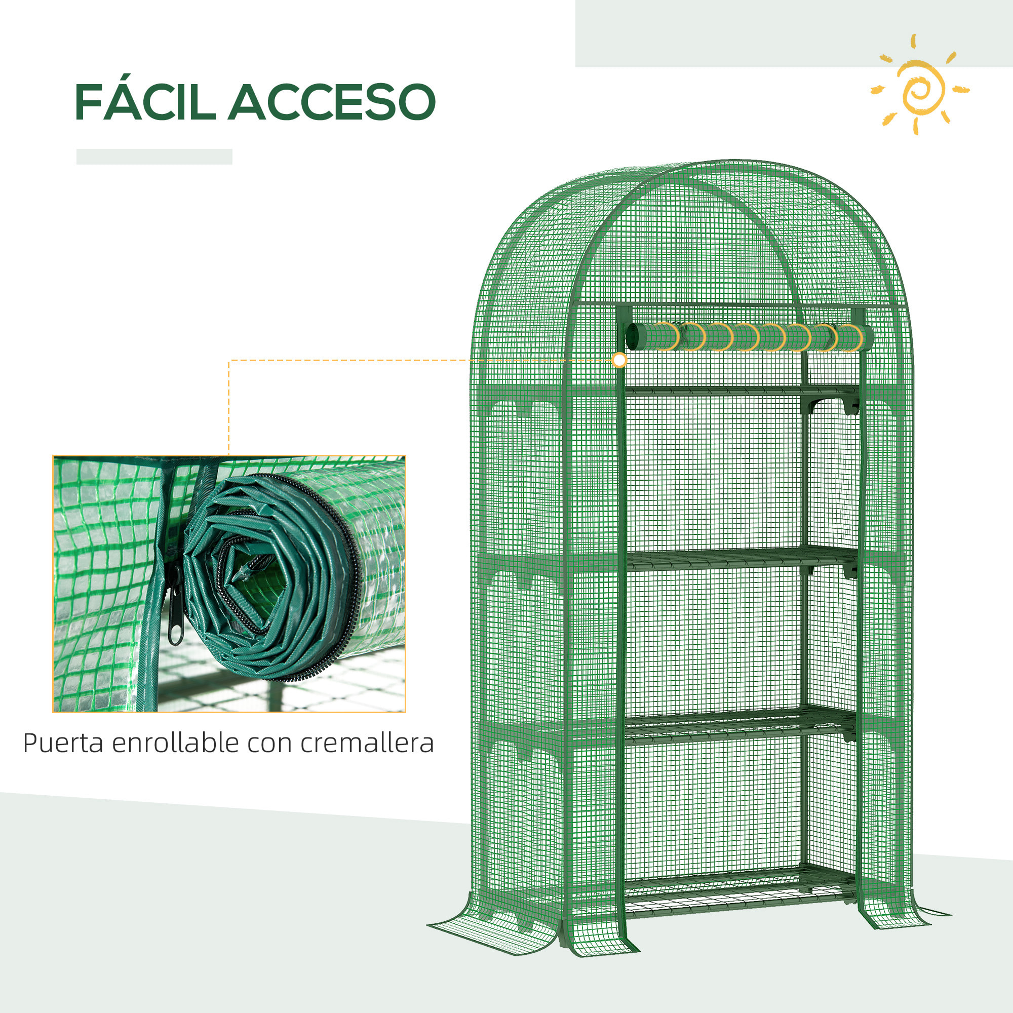 Invernadero de Jardín con 4 Estantes Metálicos Puerta Enrollable y Cubierta de PE Vivero Casero de Terraza para Cultivo Plantas Flores Macetas 80x49x160 cm Verde