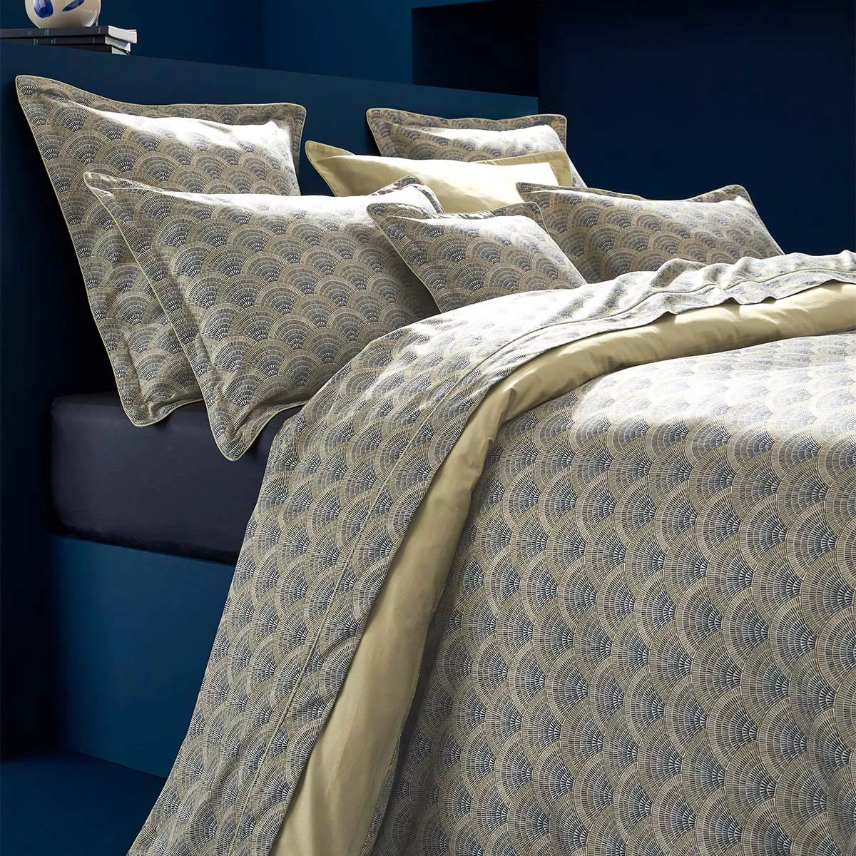 Drap plat satin de coton imprimé beige Eventails argile