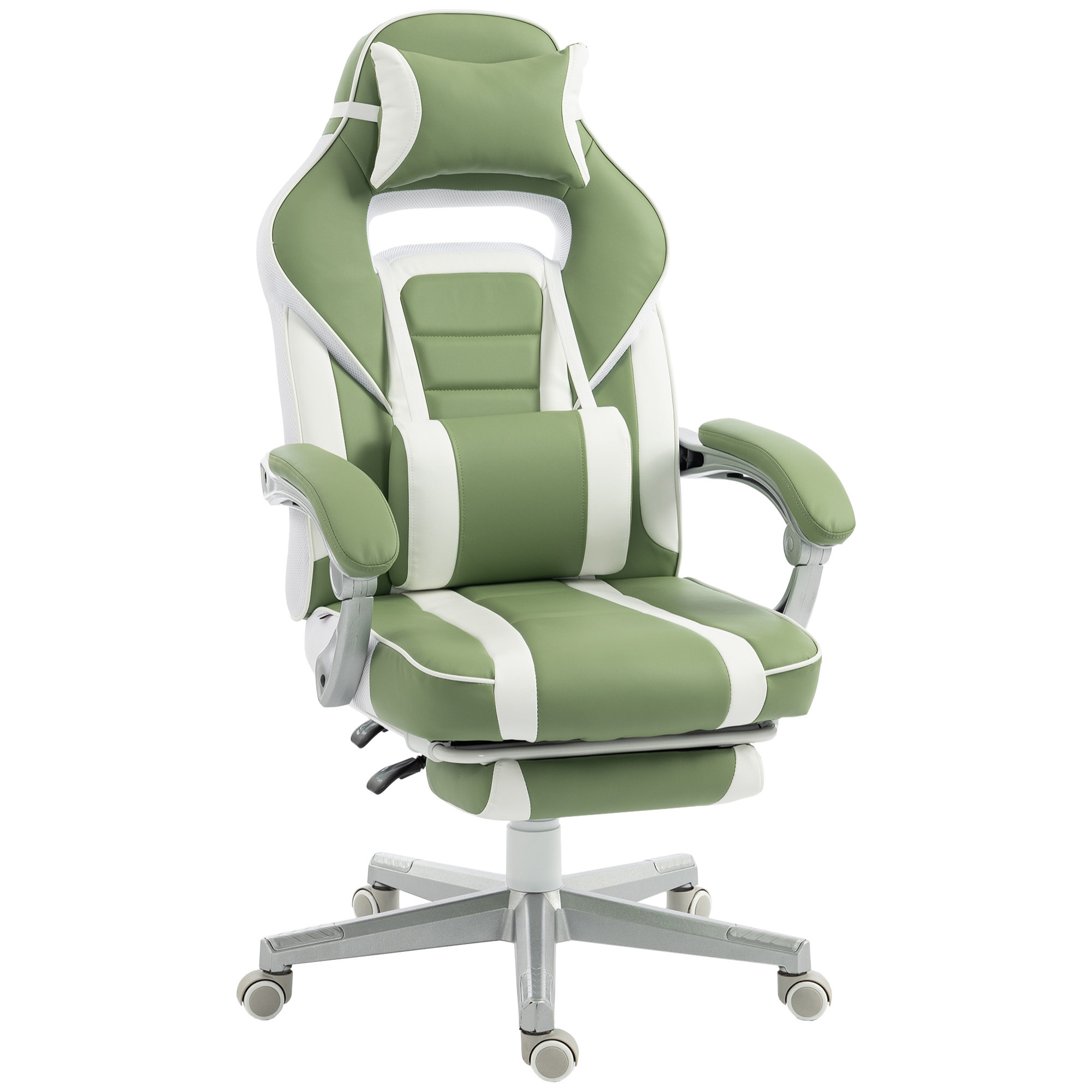 Silla Gaming, Silla Gamer Reclinable, con Altura Ajustable, Reposapiés Retráctil, Soporte Lumbar y Reposacabezas Desmontable, para Oficina, Estudio, Verde