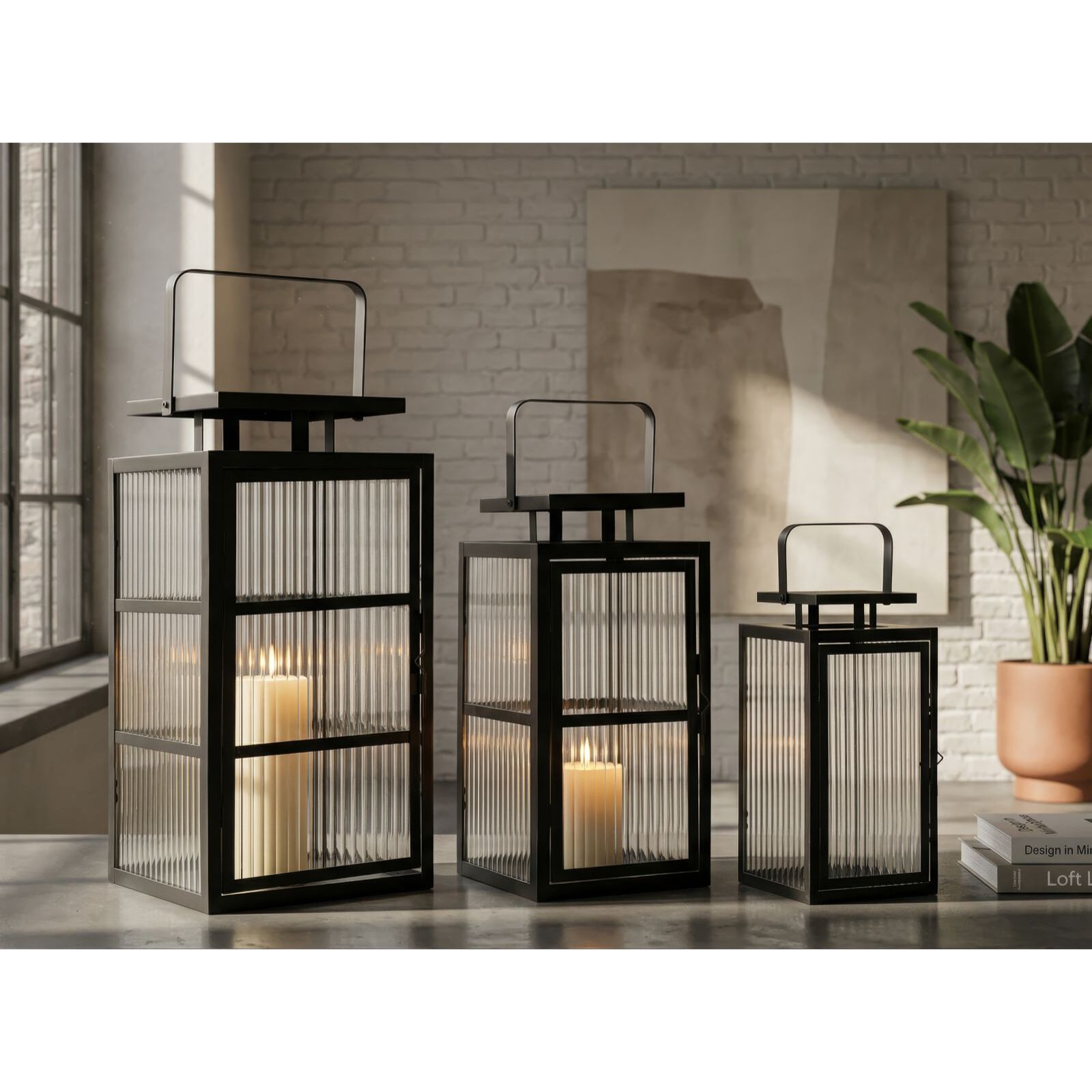 LANTERNE ANDROMEDA TRIS CM 25,5X25X50-X20,5X20X40-15,3X15X29,5 (VETRO TEMPERATO)