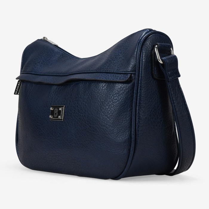 Bolso bandolera azul con bolsillo frontal y logo