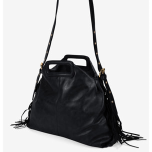 Bolso de mano negro con flecos y asa de colgar
