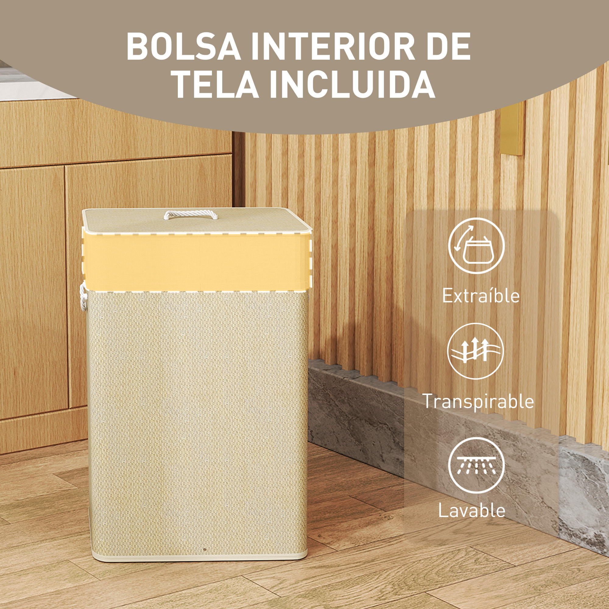 Cesto de Ropa Sucia con Tapa 72L Cesta Colada de Bambú con Bolsa Interior Extraíble y Asas para Lavandería Dormitorio 40x30x60 cm Natural