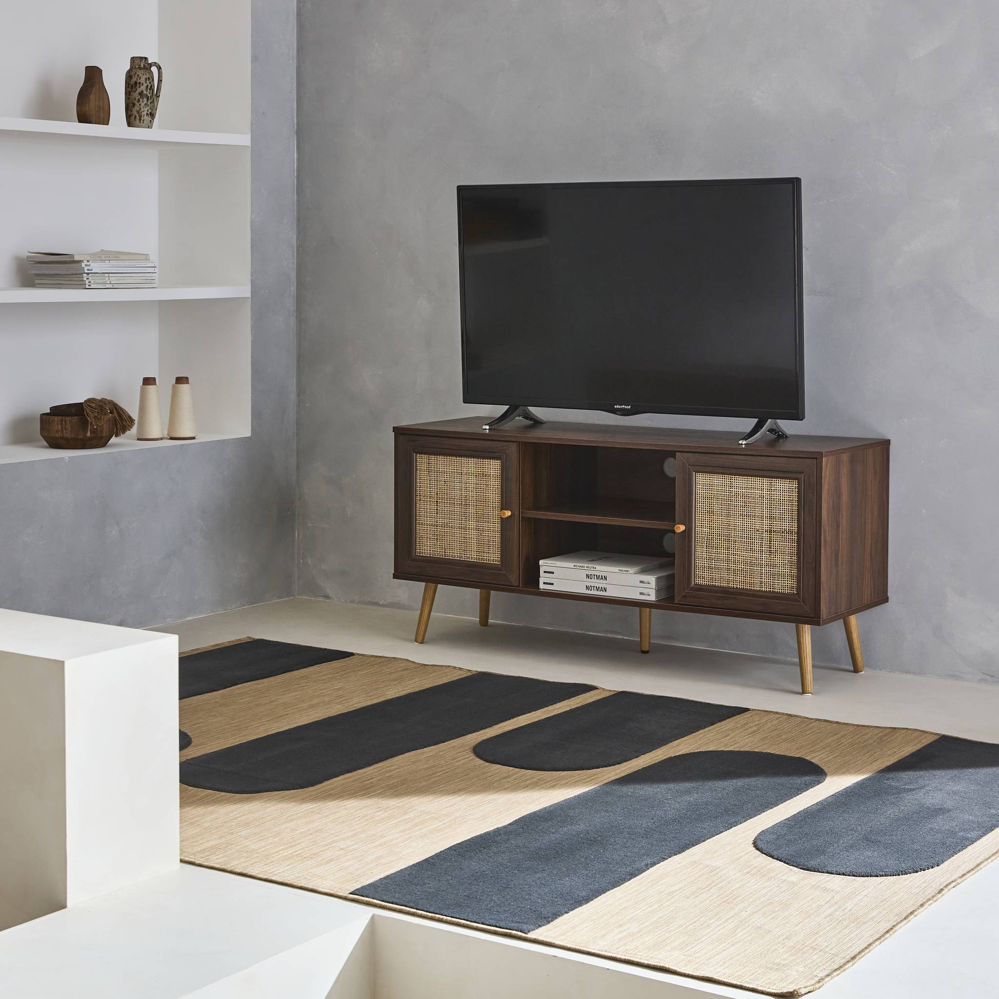 Meuble TV scandinave cannage 2 portes 120cm BOHÈME