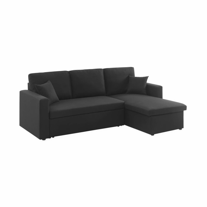Canapé d'angle convertible en tissu noir - IDA - 3 places. fauteuil d'angle réversible coffre rangement lit modulable