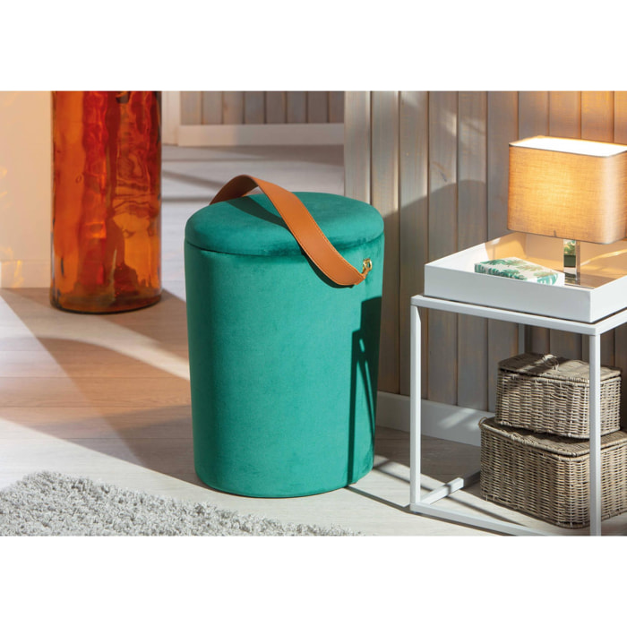 Pouf secchiello contenitore in velluto e maniglia in ecopelle, colore verde, cm 35x35x45