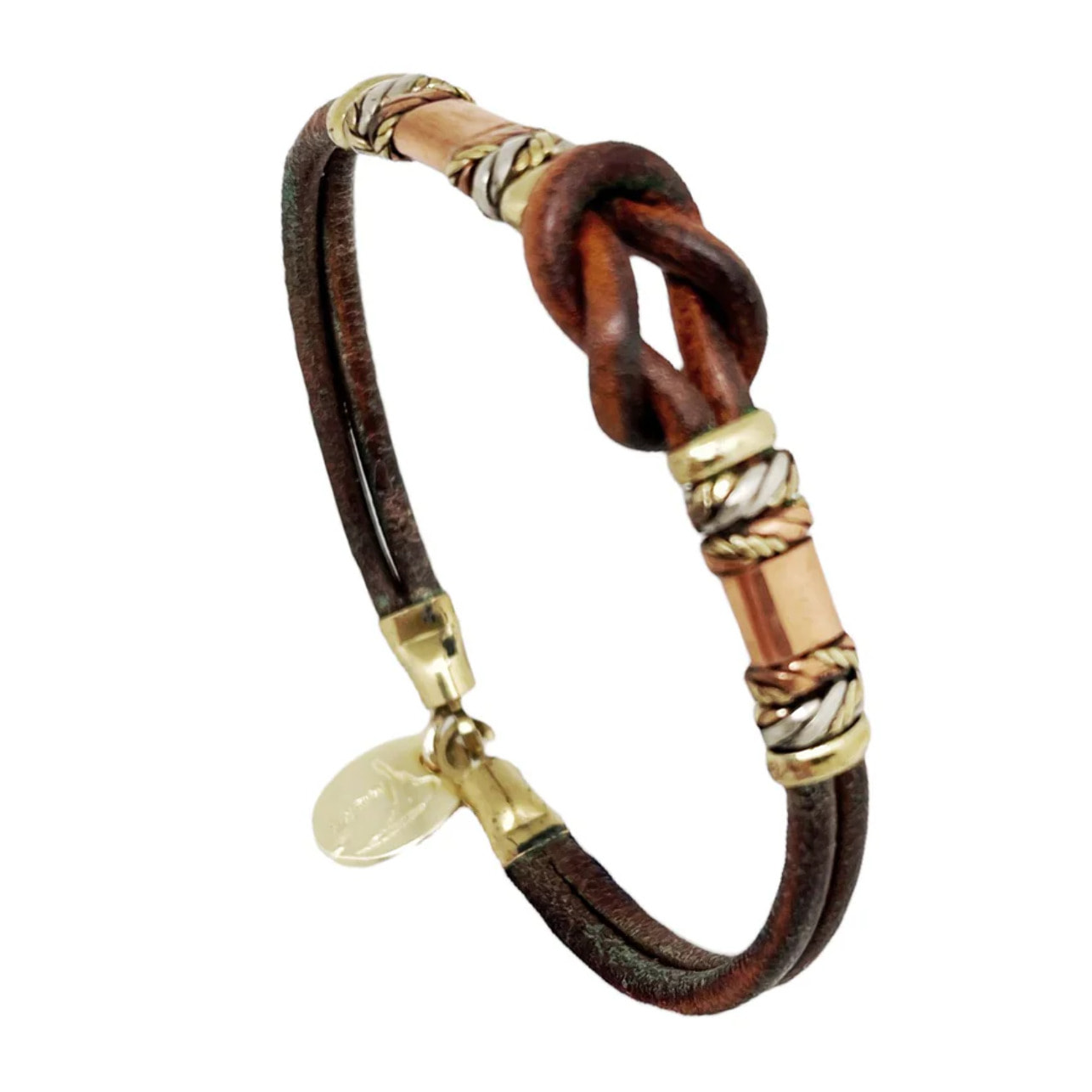 Pulsera cuero latón y cobre Nudo artesanal únicas