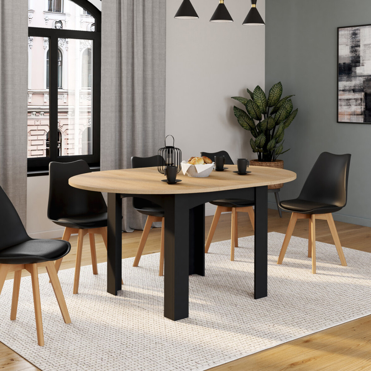 Table à manger ronde extensible Dina bois et noir Ø110-150cm