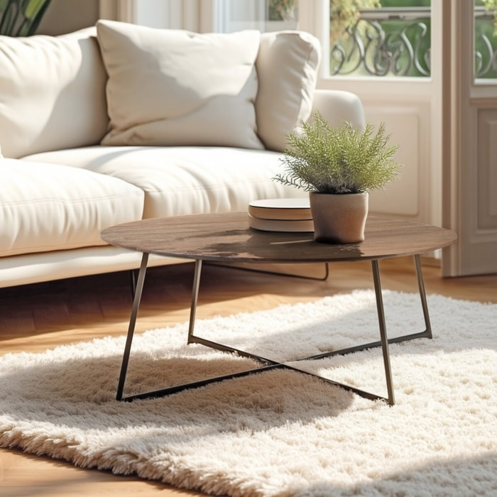 ROMY - Table basse ronde 80x80cm en bois de mindi pieds en métal noir